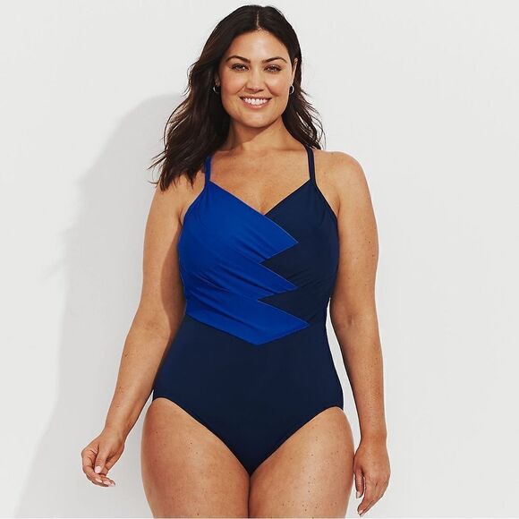 Land's End slender swimsuit pleated X back one piece swimsuit blue navy size 10 - Picture 2 of 5